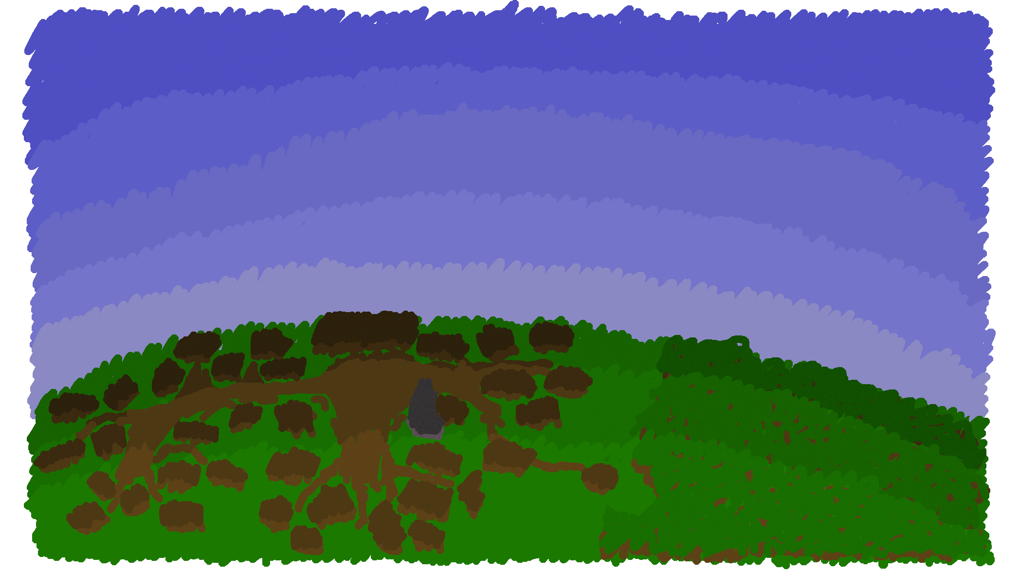 Village shot, fading into evening. The stars peak out, and the Wound beings to show its form.