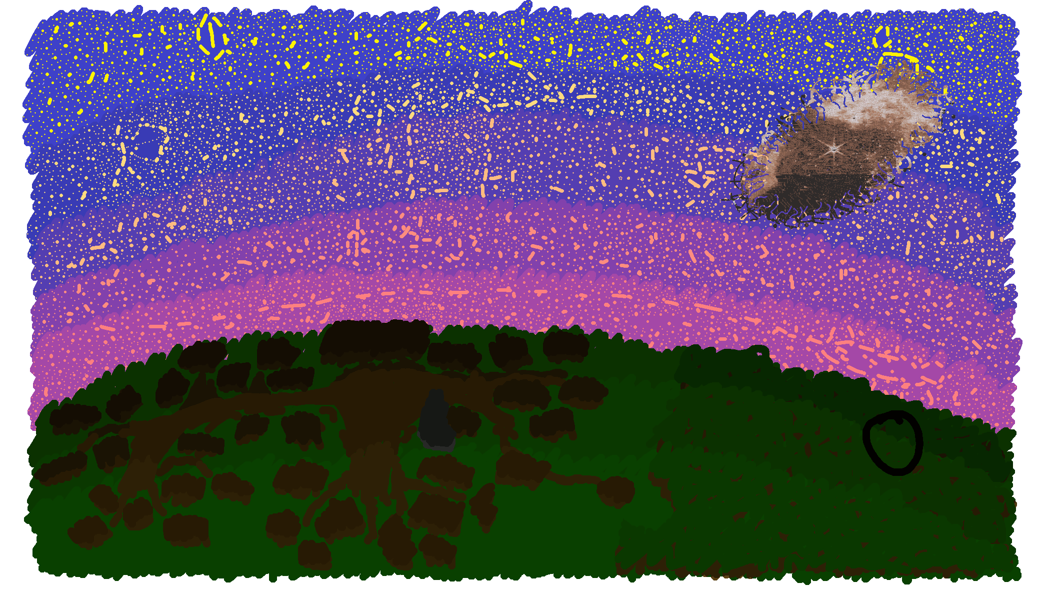 Village shot. A circle flashing over a spot in the woods.