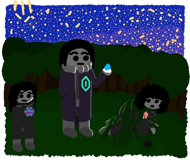 Kennari comes close. She wears a thick, purple overcoat with woolen poffs around the collar to keep her warm. Upon the coat is the sign of the Witch, emblazoned in an aquamarine. From her pocket, she pulls a knife. Reese and CG react in abject horror. Kennari looks between them, confused, before realizing.