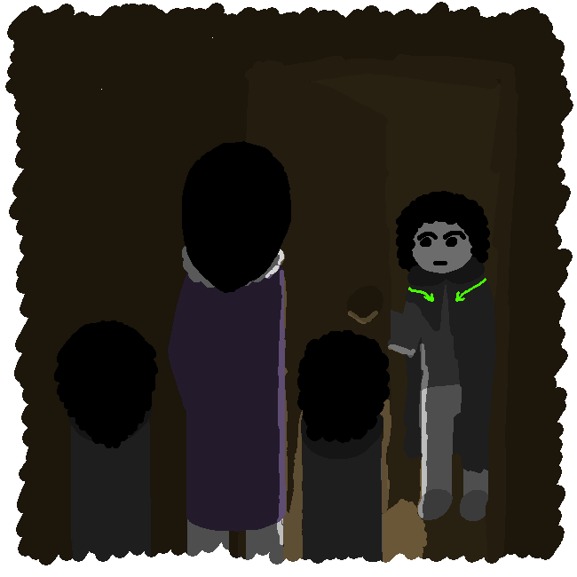 Veli holds the door open, eyes trained on Kennari. The witch stands with CG and Reese on either sided of her, left hand on hip.