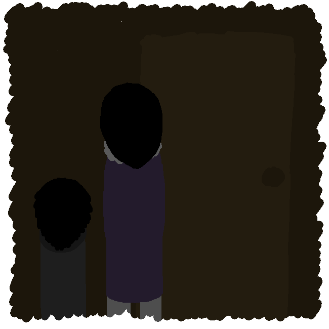 Kennari looks down at CG. CG looks up at her. The door is closed, Reese and Veli on the other side.