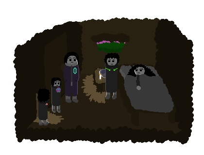 Stella lays in bed, straining to lock eyes with Kennari. Kennari stands with her hands in her pockets, Veli between her and Stella. CG is next to his master, looking upon Reese in the corner.