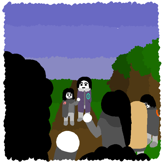 Reese and Kennari on the road. Stella, Veli, Inalia, and Marek wave goodbye. Kenik stands to the side. The sky is bright, the grass is green, and the forest stands to the east.