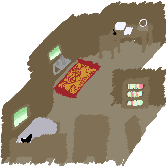 Within Inalia's bedroom is a bookshelf with many colorful bindings as well as a rug and an altar dedicated to Ouriboros, the Knight, and the Mother. On her desk she has a stack of papers, ink and quill, and a small mirror. Two windows let light stream in, bathing her in the morning sun.