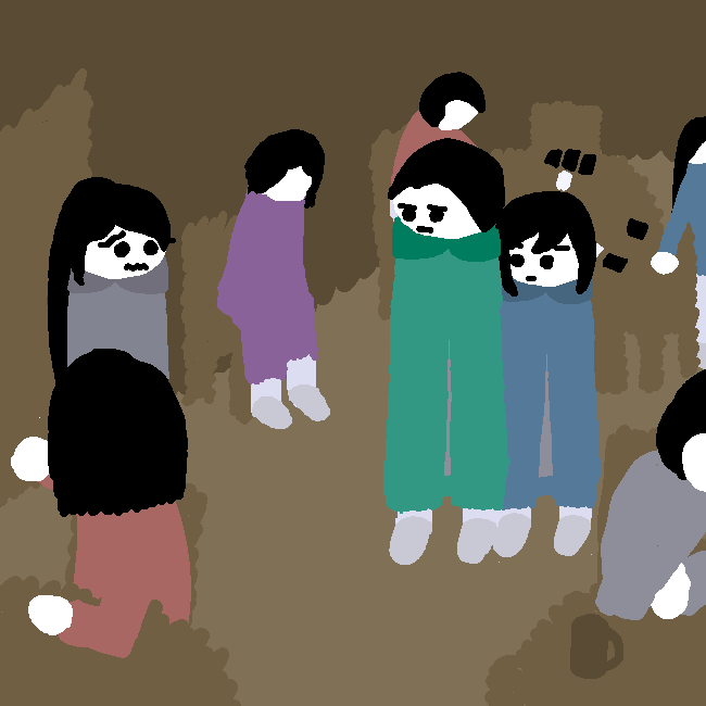 Inalia's worried face becomes apparent as two people stand up from the game of cards and come over to her. One is an adult, a man, and likely the father of the second: a girl, seemingly about Inalia's age.