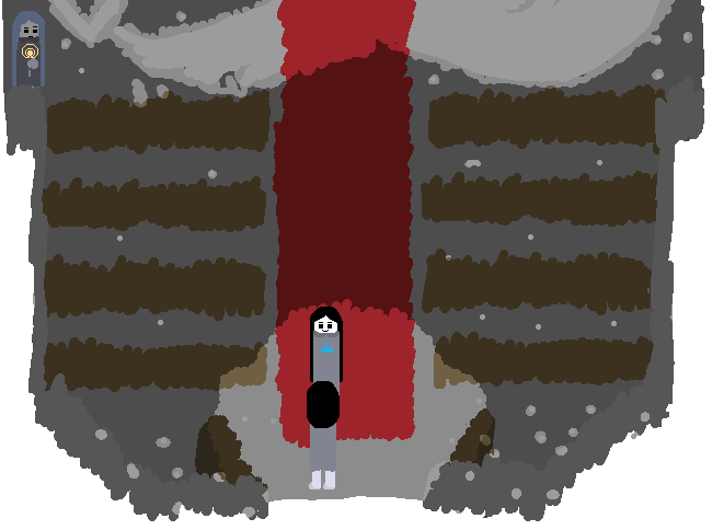 Ithicus and a woman stand in the entrance to the chapel. Marek is off to the side, around a corner, spying in.