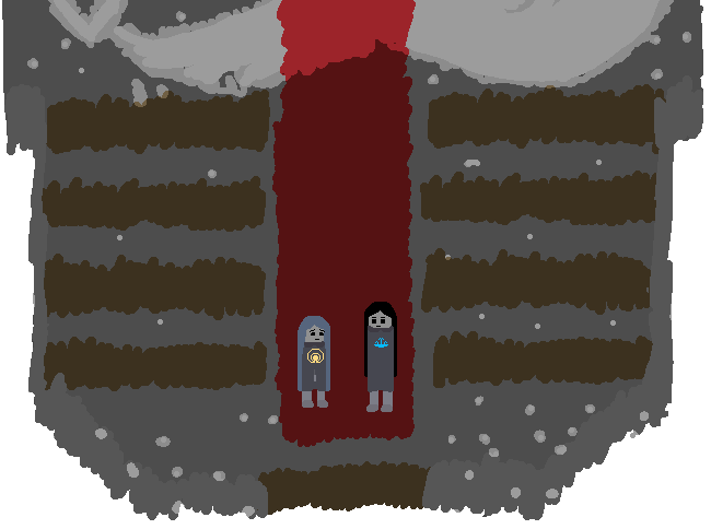 Ithicus and Marek stand in the now-closed entrance to the chapel.