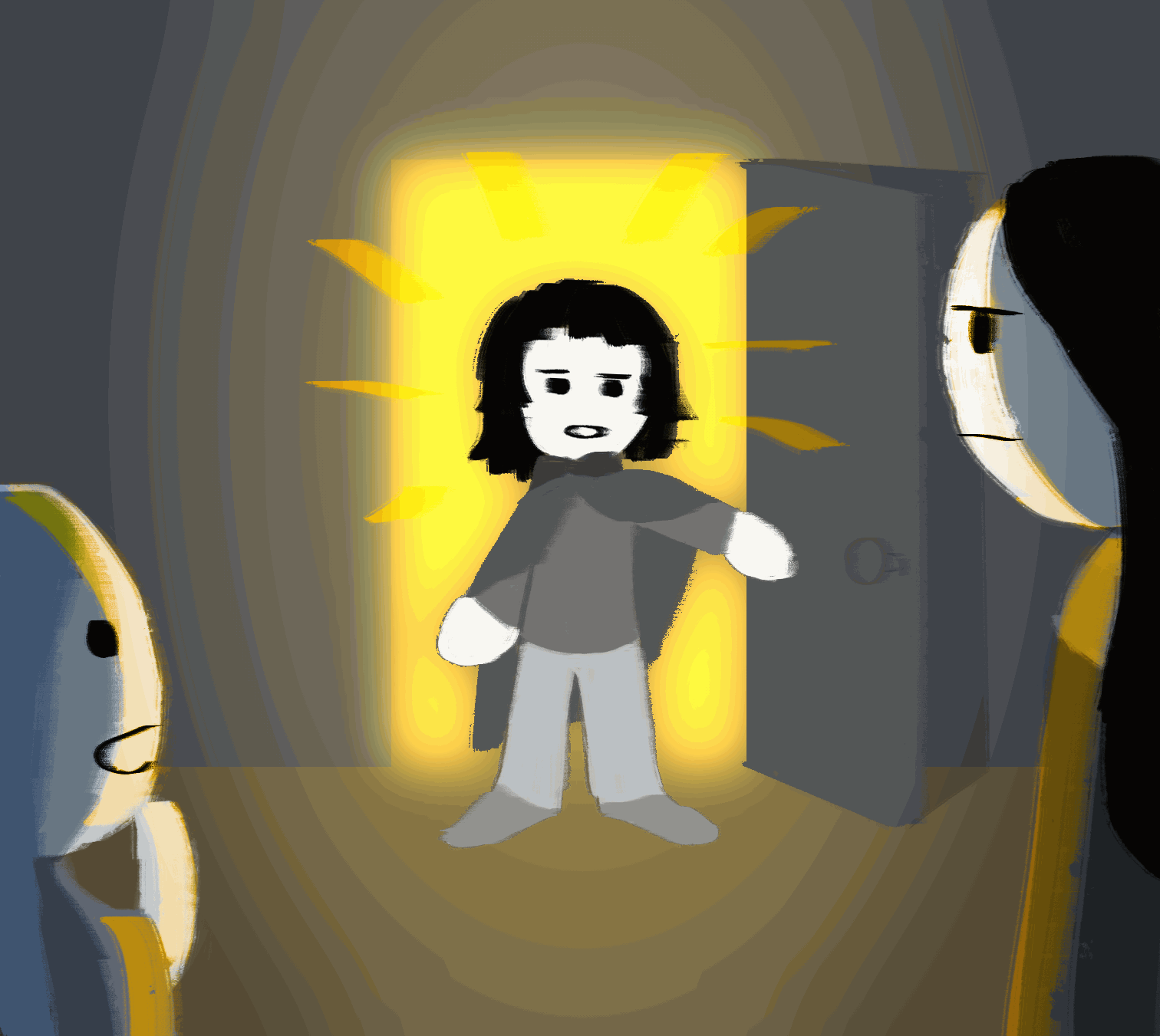 Kenik slams open the door, the sun shining in a halo behind him. Marek looks on with joy, Ithicus is unamused.