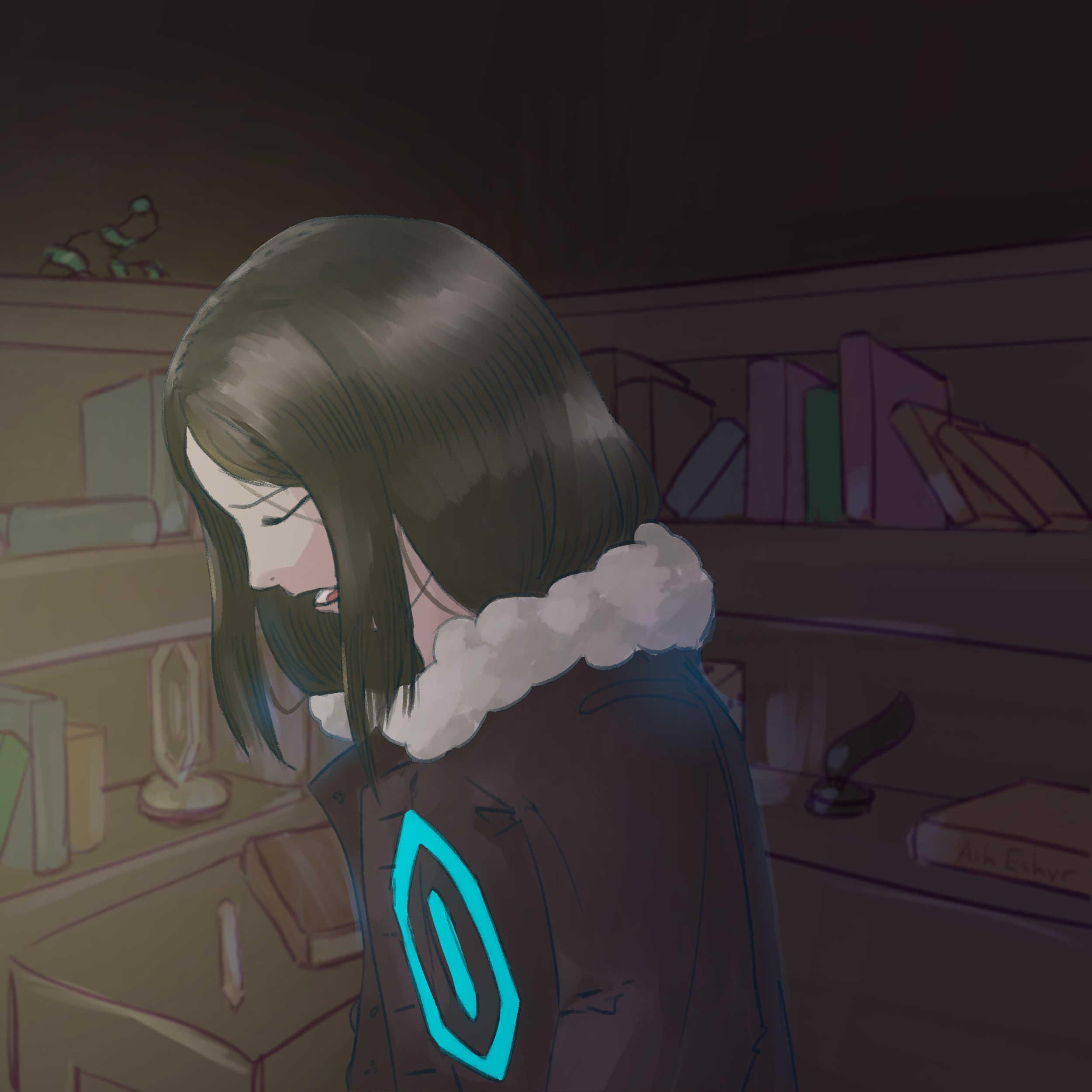Marek shuffles the papers away under his arm and looks up at his dad with a guilty expression.