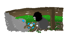 Reese under the house, back in her hideout. In the center is a book with writing by CG, surrounded by crystals.