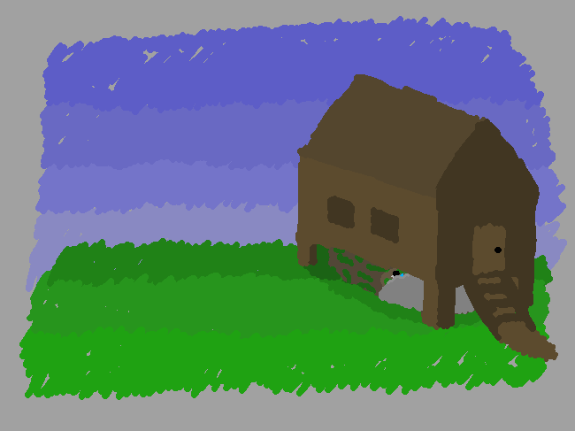 One of those houses in detail. There is an underside, and a figure occupying it.