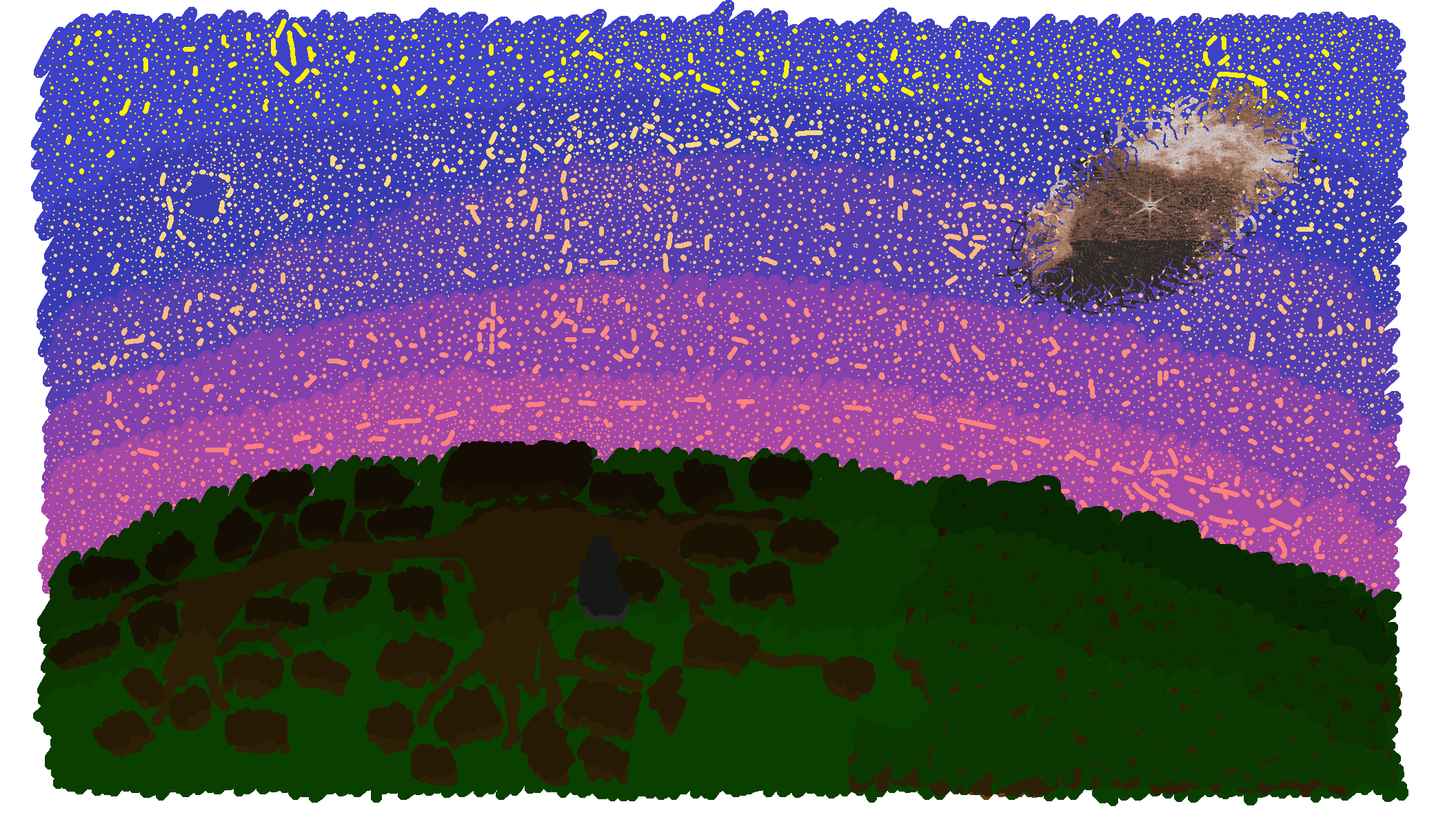 Village Shot, but night. The stars are out and the Wound lingers in the sky.