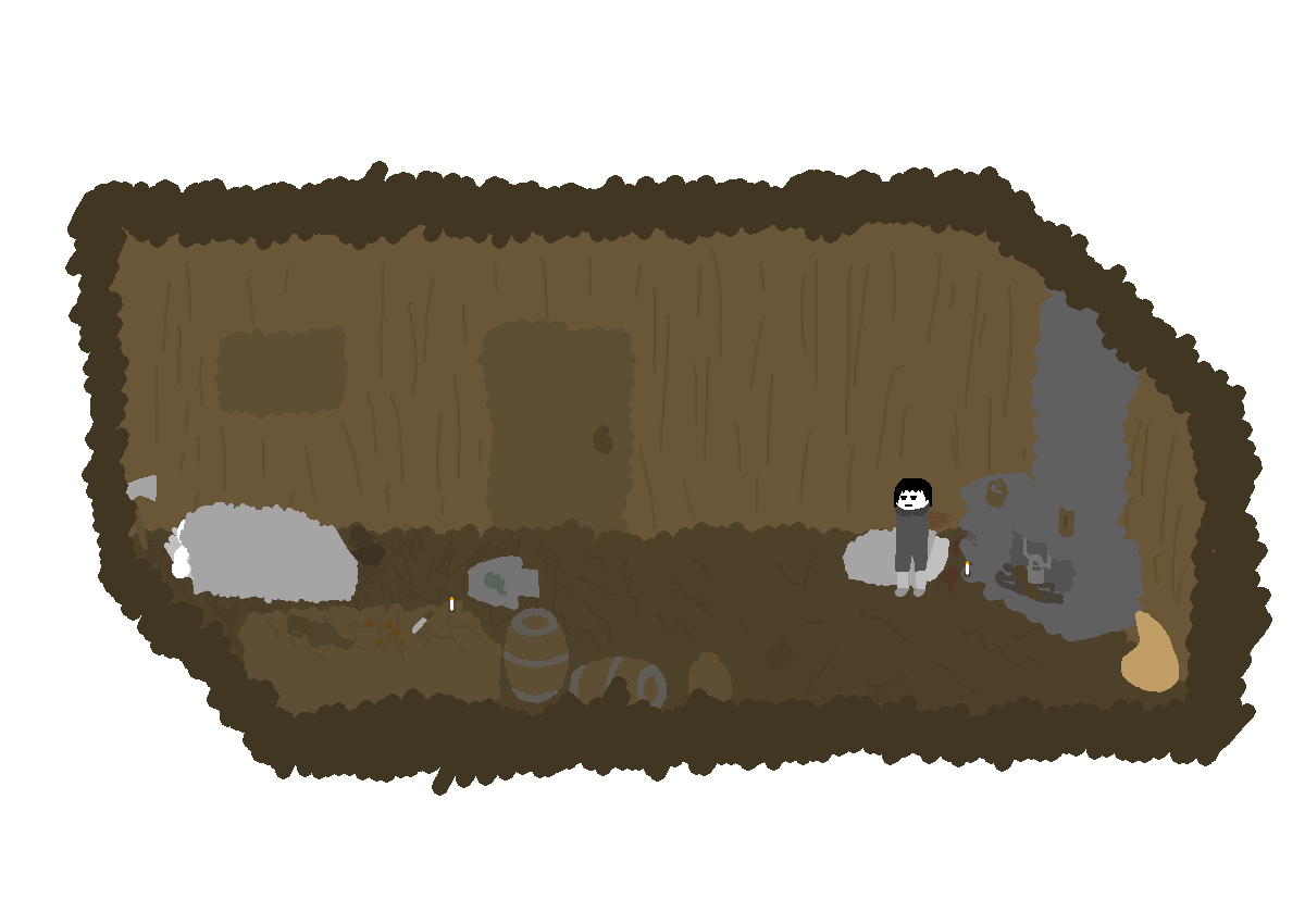 Kenik stands in his home. His father is passed out, a stained shirt on the floor. The room is messy, the shutter on the window is down, a knife lies on the table with a few coins scattered across it. Blood smears one corner of the room. The mantle bears figures of the serpent, Ouroboros, and the Knight.