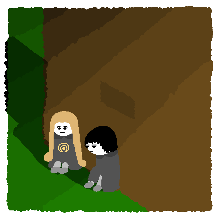 Marek and Kenik sitting behind a house. Kenik looks deadpan as usual, Marek looks... nervous? Worried? His gaze is askance, and his eyebrows are lightly furrowed.